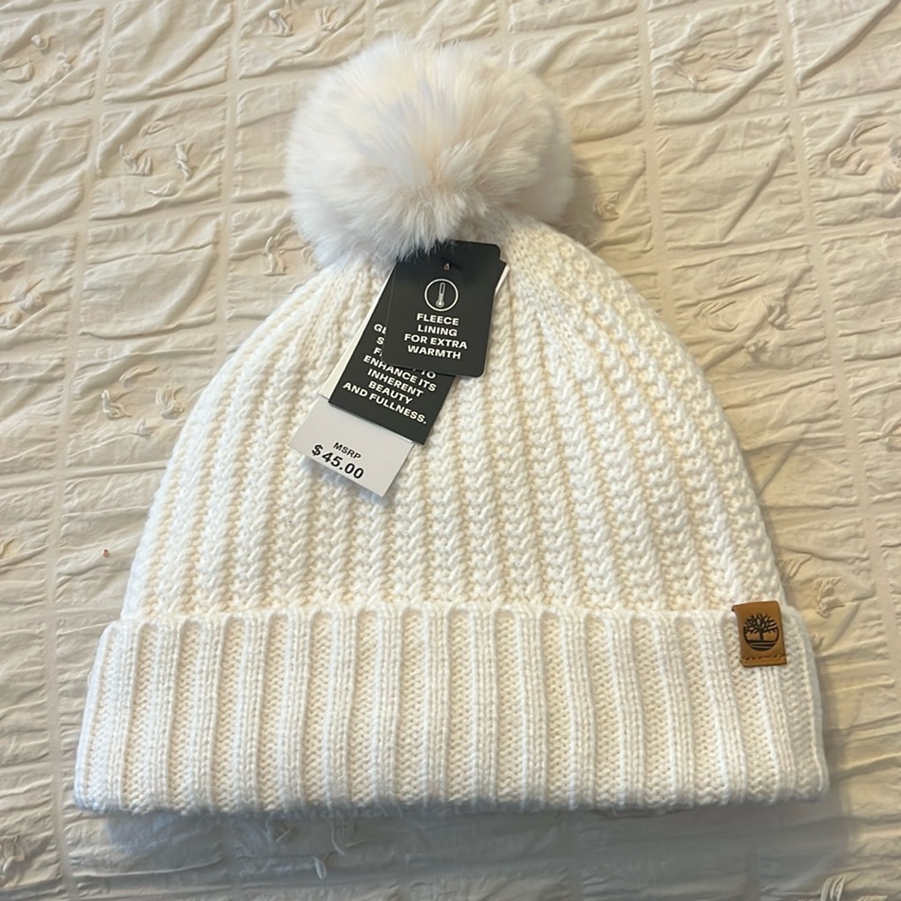 New Timberland Hat Women’s Winter Hat White Cable Knit Lined Cuffed Beanie Hat